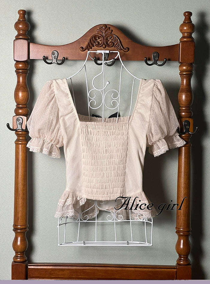 Alice girl~Yesterday Morning Mist~Classic Lolita Shirt Polka Dots Tulle Short Sleeve Blouse
