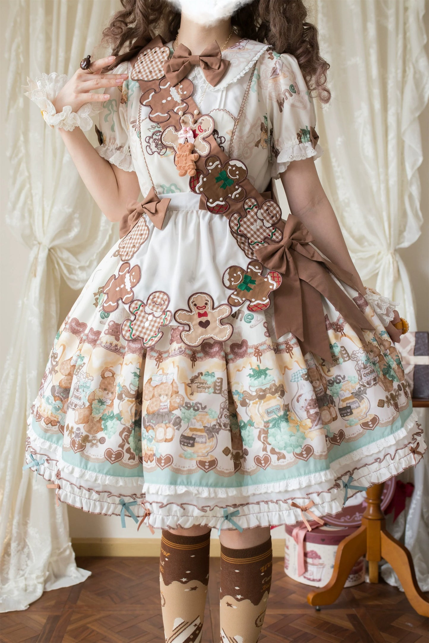 Babyblue~Little Bear Honey Jar~Kawaii Lolita Short Sleeve OP Gingerbread Man Embroidered Dress