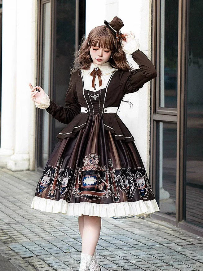 Jinmu~Chocolate Academy~Vintage Lolita OP Long Puff Sleeve Schoolgirl Lolita Dress