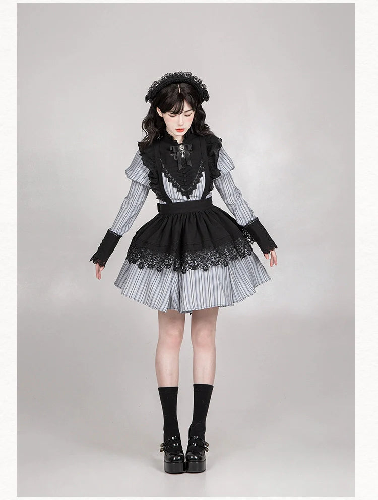 With PUJI~Nocturne SP~Striped Gothic Lolita OP Twin Lolita Dress with Apron