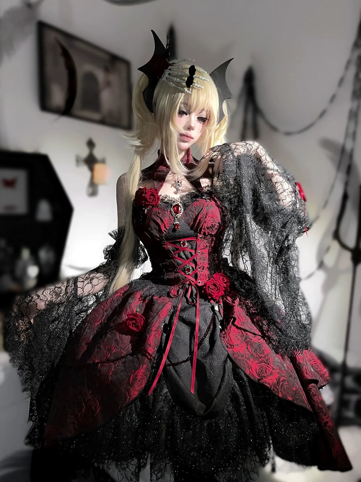 Cornfield Lolita~Rose Blood~Black Red Gothic Lolita JSK Jacquard Court Dress