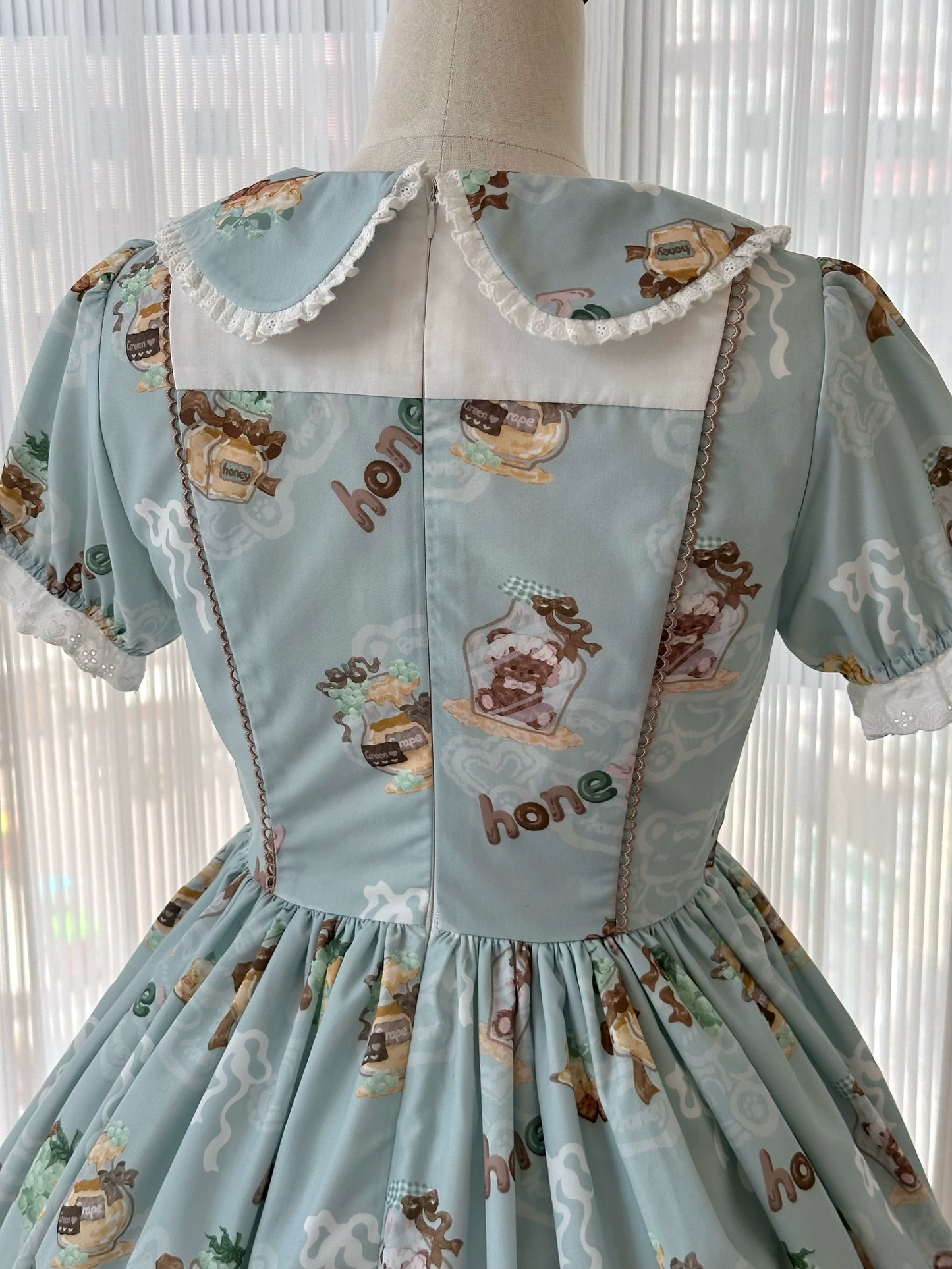 Babyblue~Little Bear Honey Jar~Kawaii Lolita Short Sleeve OP Gingerbread Man Embroidered Dress