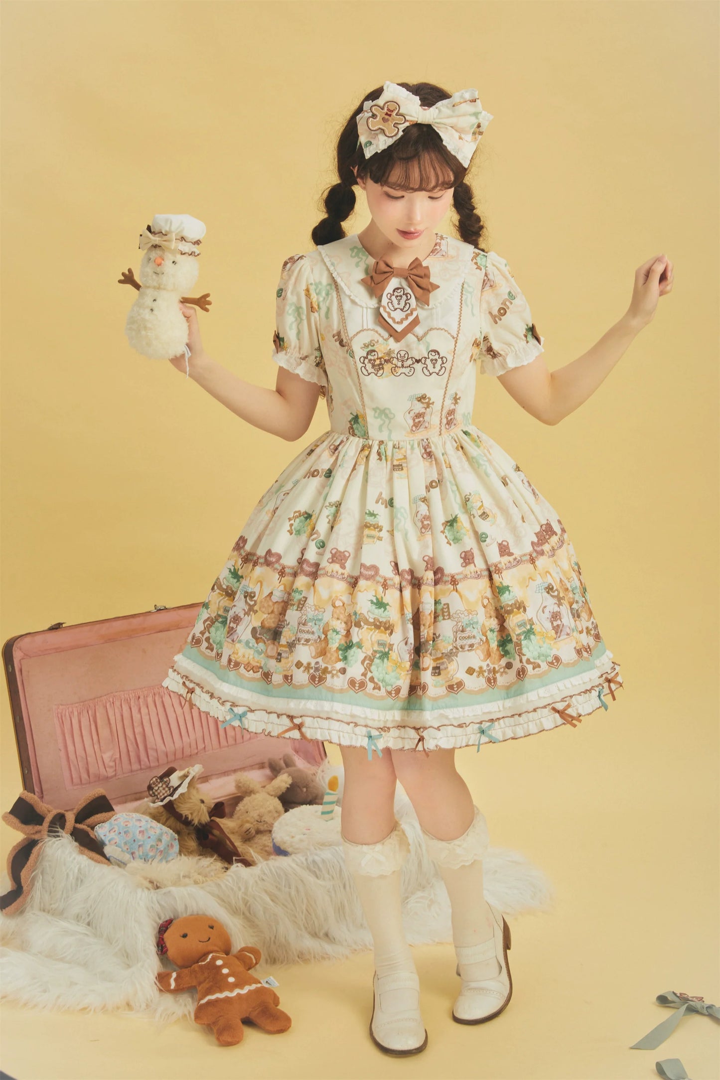 Babyblue~Little Bear Honey Jar~Kawaii Lolita Short Sleeve OP Gingerbread Man Embroidered Dress