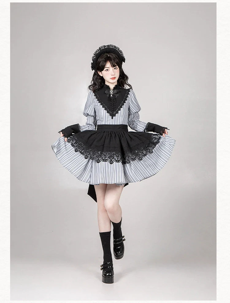 With PUJI~Nocturne SP~Striped Gothic Lolita OP Twin Lolita Dress with Apron