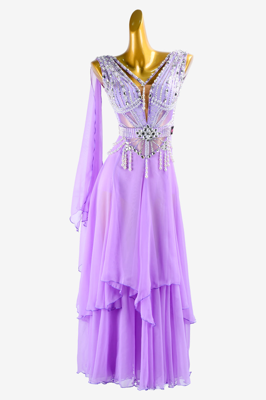 Permino orchid Standard dress with chiffon underskirt, float, white rhinestone & beadings