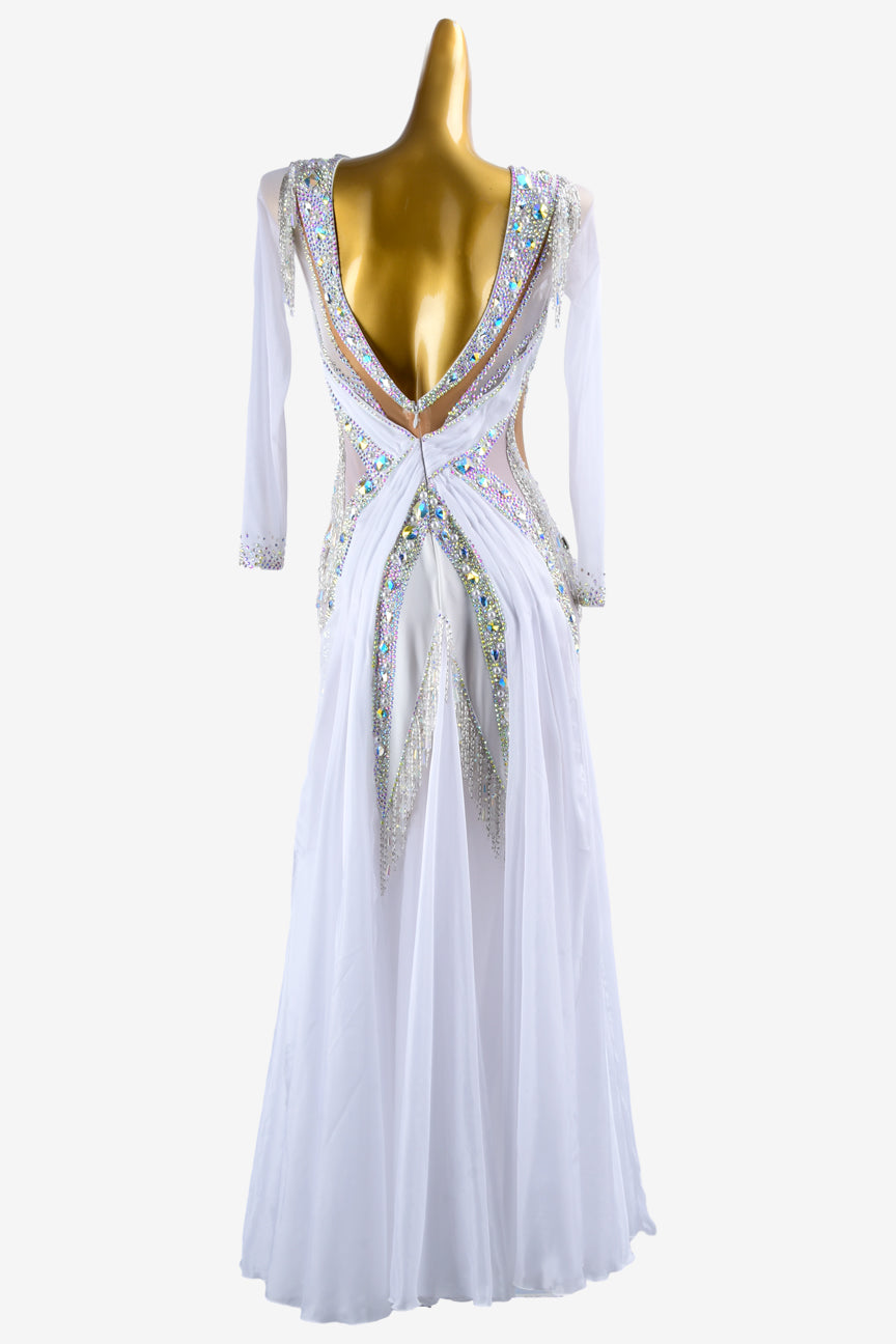 Permino white mesh Standard dress with silver beaded fringes, beadings, AB crystals & sew-on stones