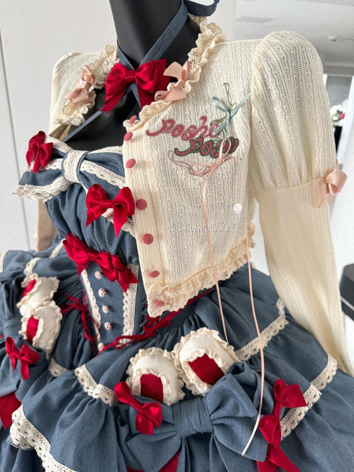 POSHEPOSE~First Cherry Rabbit~Sweet Lolita Dress Halter Neck Jumper Dress and Cardigan