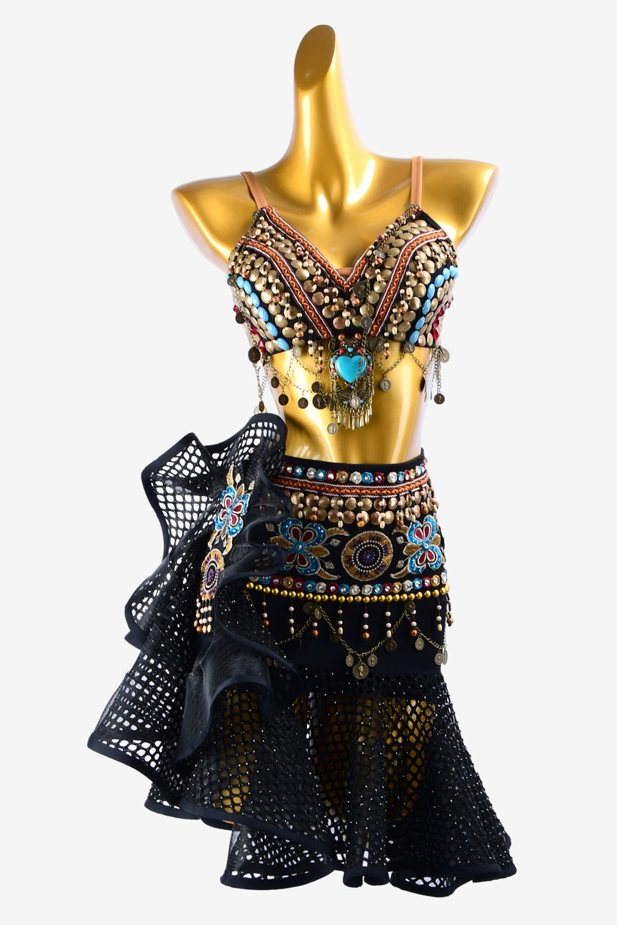 Permino black mysterious retro Latin dress with fishnet skirt, bronze metal decoration & embroidery pattern