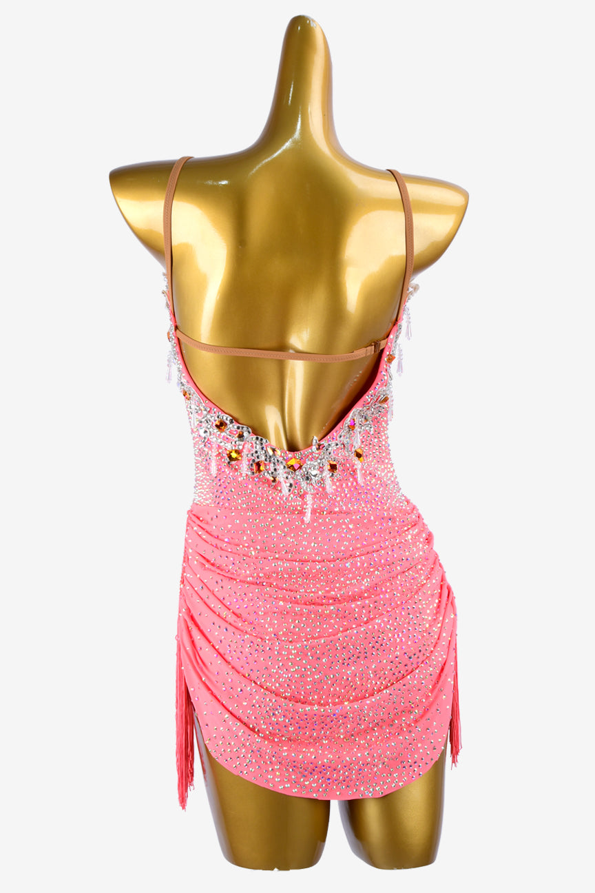 Permino palecioletred matt lycra Latin dress with white beadings, rhinestone, fringes & gold sew-on stones