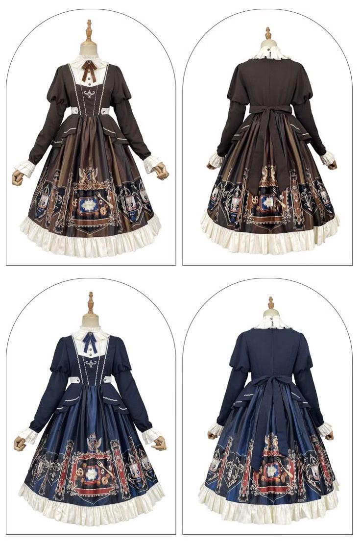 Jinmu~Chocolate Academy~Vintage Lolita OP Long Puff Sleeve Schoolgirl Lolita Dress