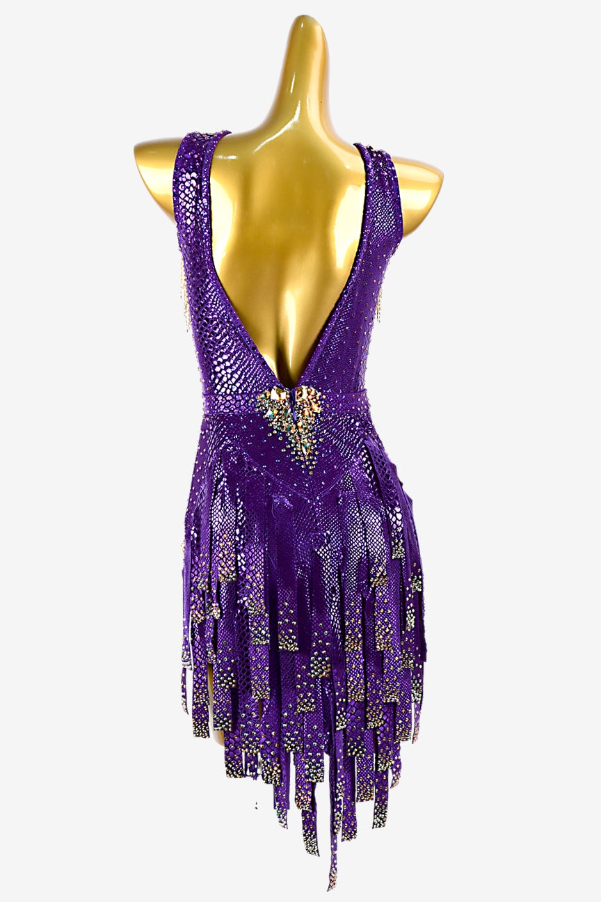 Permino purple python foil on lycra Latin dress with gold beaded fringes & rhinestones