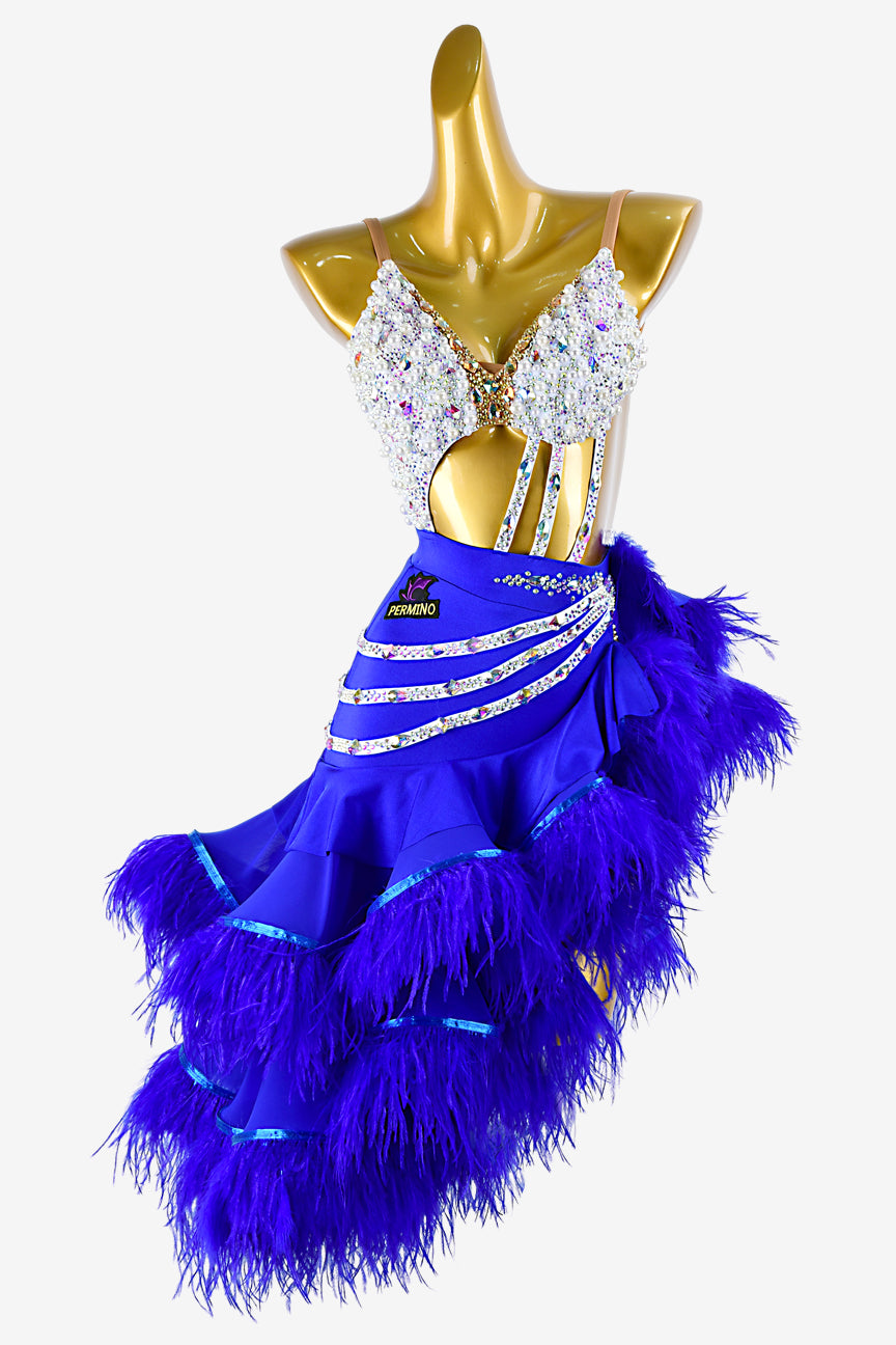 Permino mediumblue Latin dress with ruffle fishbone skirt, feathers and white crystal AB