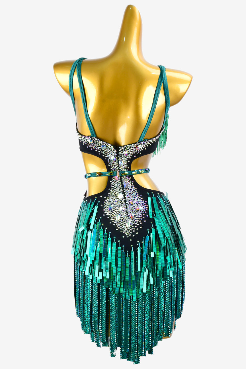 Permino lack green Latin dress with stone fringes, beaded fringes, sea green sequins & white crystal AB