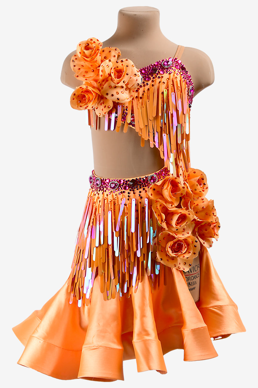 Permino light orange Latin dress with ruffle fishbone underskirt, sequins, flower appliques & crystals