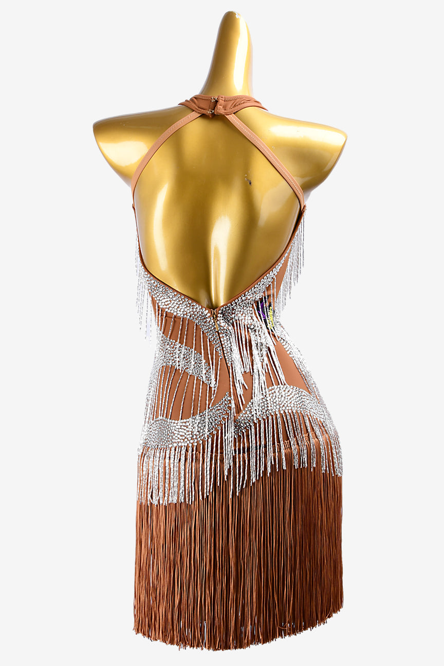 Permino fleshtone matt lycra Latin dress with silver beaded fringe, silver crystal & brown fringe