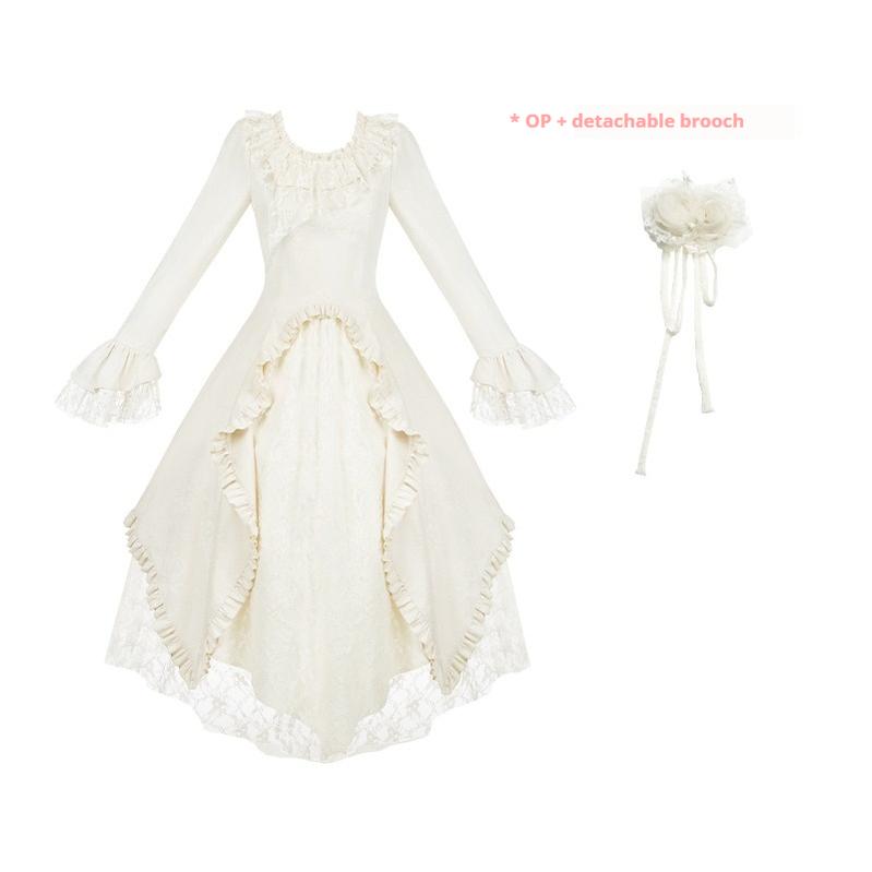 With PUJI~White Tea~Classic Lolita OP Dress with Irregular Design and Fishbone Waistband