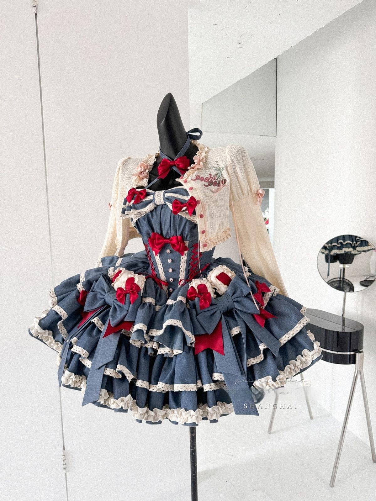 POSHEPOSE~First Cherry Rabbit~Sweet Lolita Dress Halter Neck Jumper Dress and Cardigan