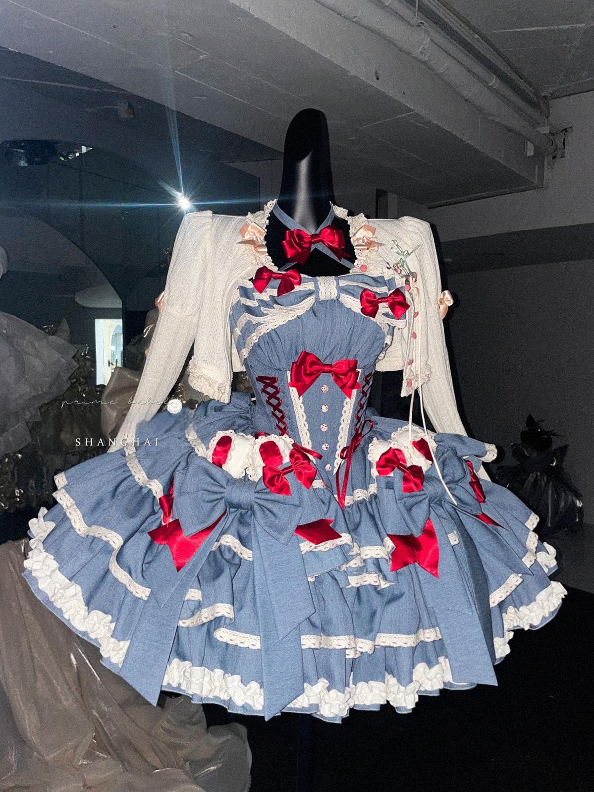 POSHEPOSE~First Cherry Rabbit~Sweet Lolita Dress Halter Neck Jumper Dress and Cardigan