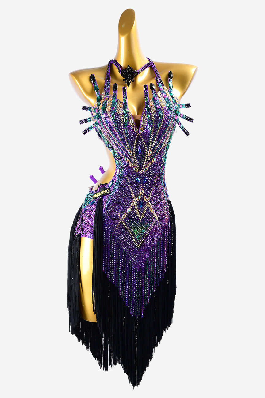 Permino purple lustre lycra fully crystallized Latin dress with stone fringes, black fringe, teal & gold sew-on stones
