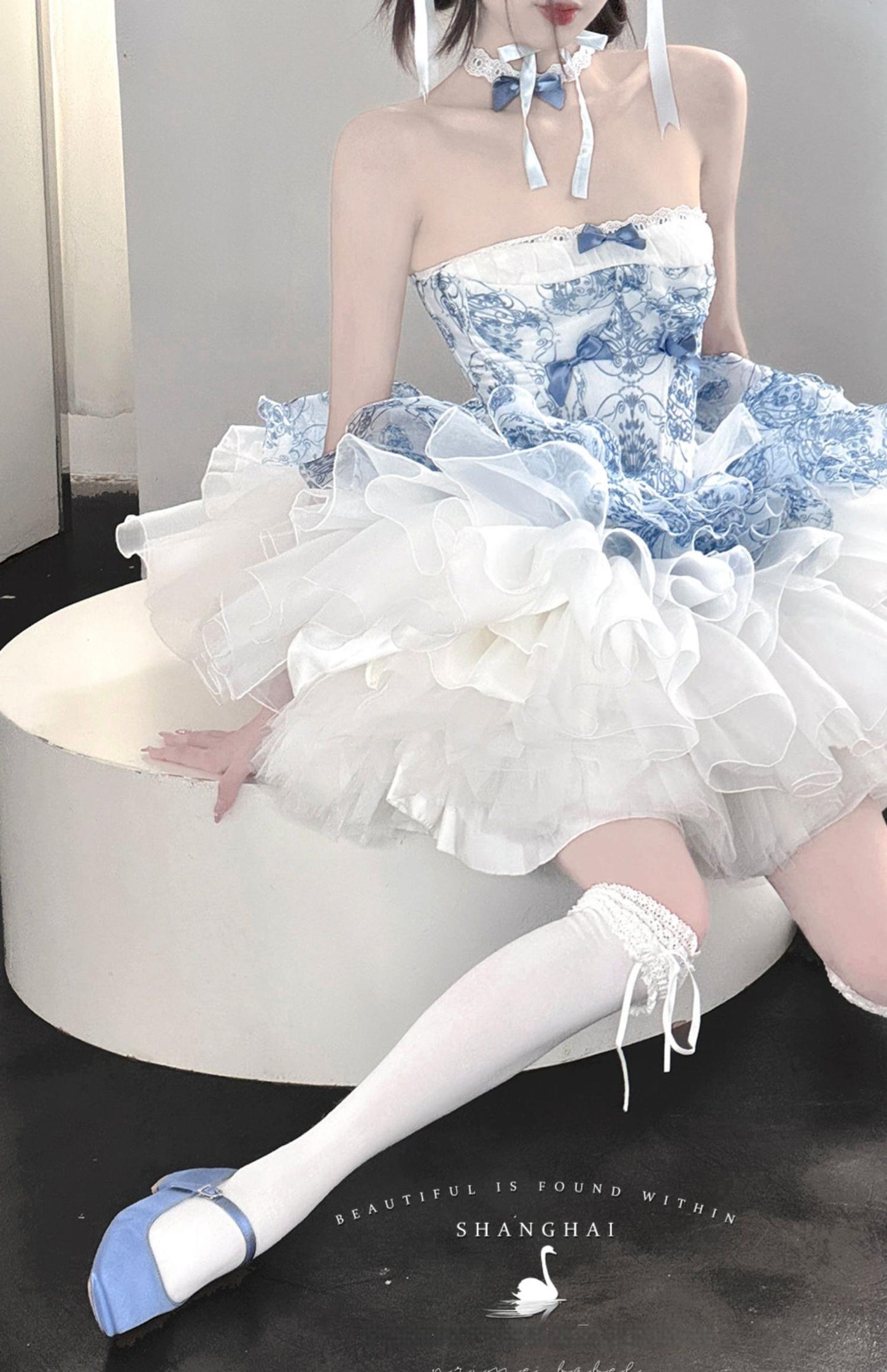POSHEPOSE~Blue and White Porcelain~Princess Lolita JSK Dress Plush Cape