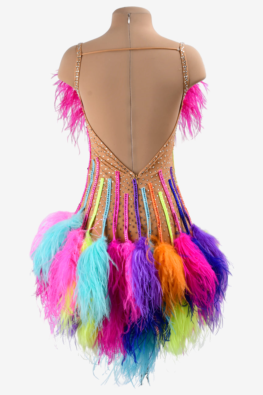 Permino fleshtone matt lycra Latin dress with rhinestones, colorful feathers underskirts & stone fringes
