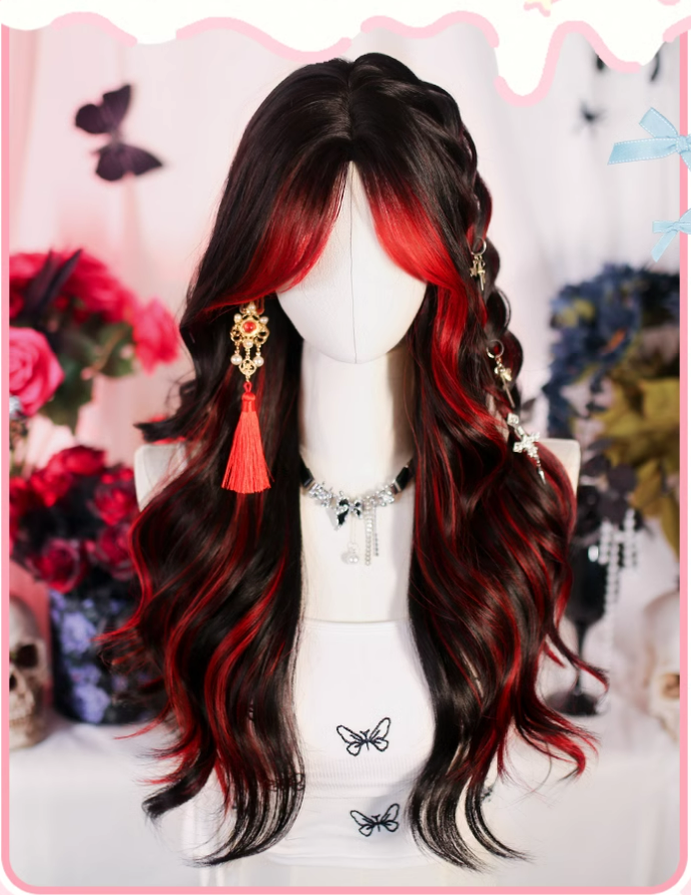 Dalao Home~Bathing Flames~Black Gothic Lolita Wig Red-black Highlighted Long Hair