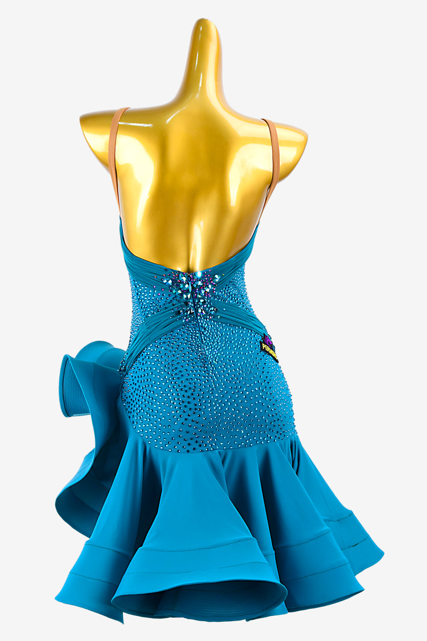 Permino jade matt lycra backless Latin dress with ruffle fishbone underskirts, rhinestone & sew-on stones