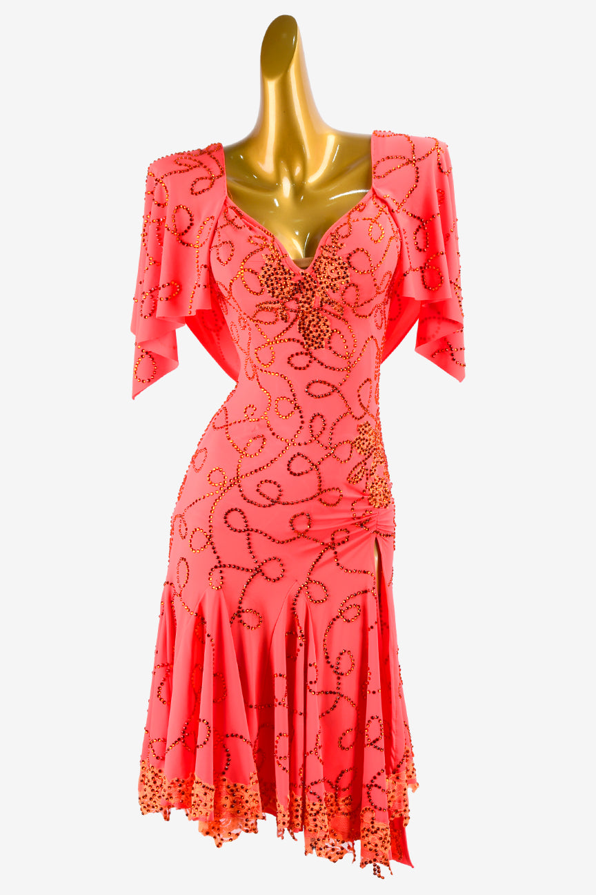 Permino orange red lustre lycra ruching & draping Latin dress with coral rhinestone lines & lace appliqués, openback