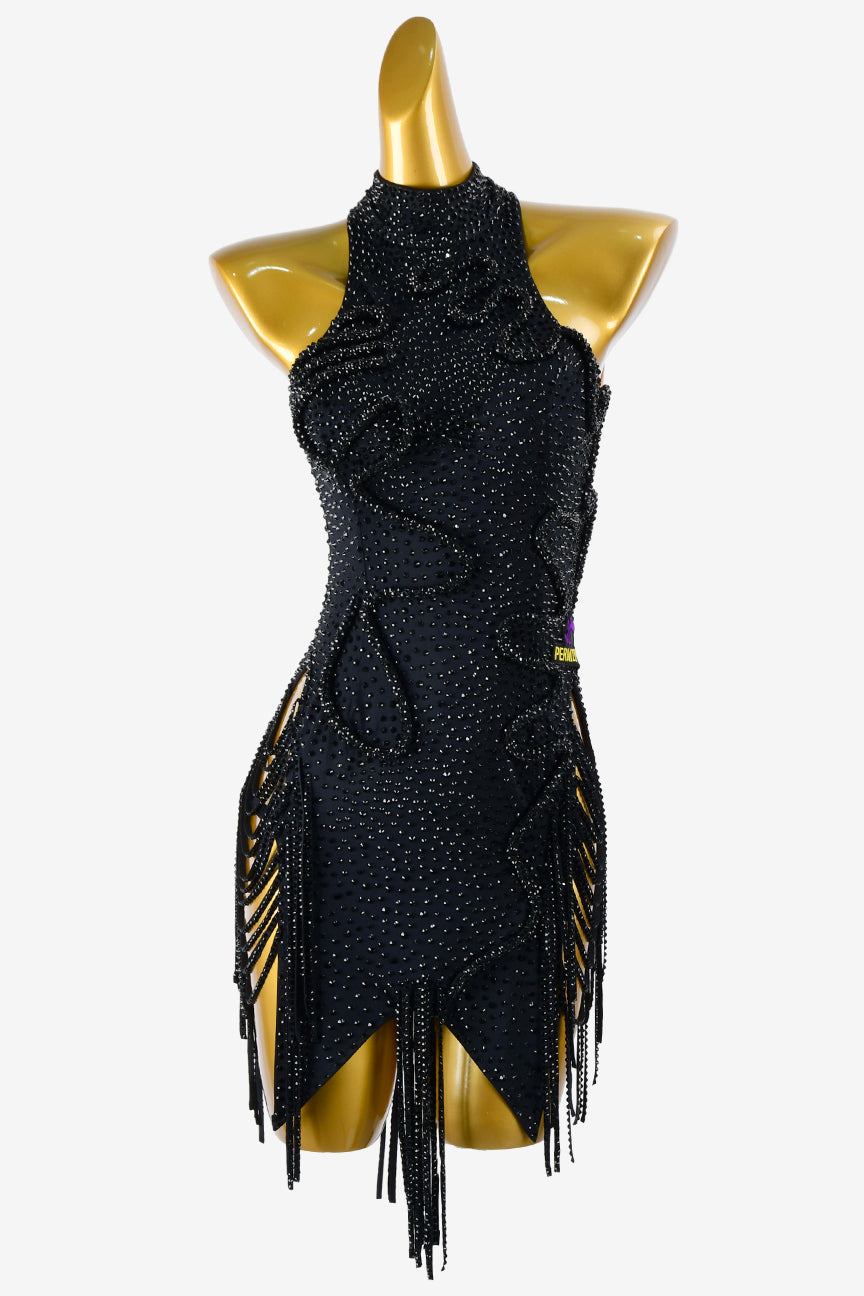 Permino black matt lycra fully crystallized openback Latin dress with stone fringes