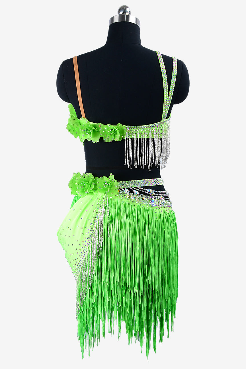 Permino lime green matt lycra Latin dress with AB stones, beaded fringes, fringes & flower appliques