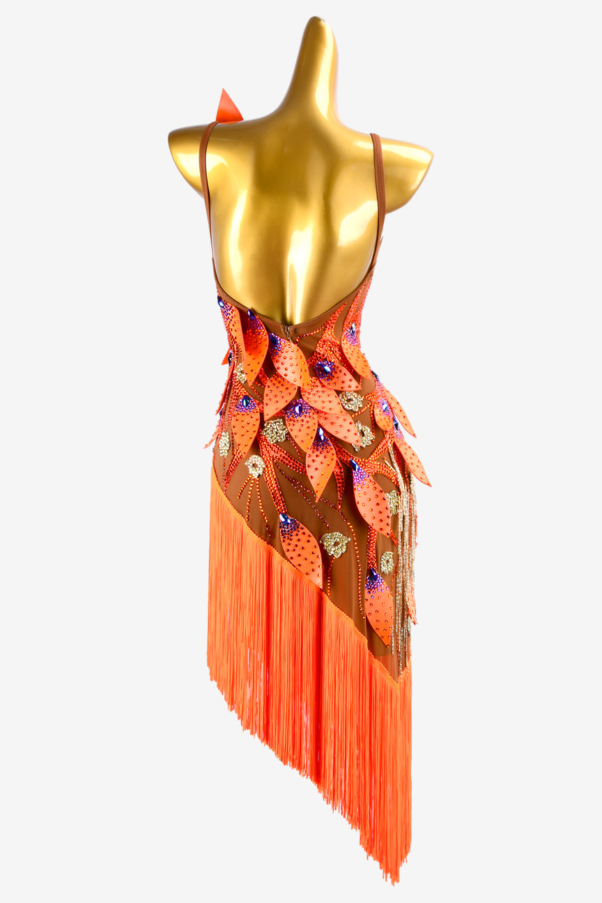 Permino sun oranger Latin dress with rhinestone appliques, beaded fringes, fringes & crystals
