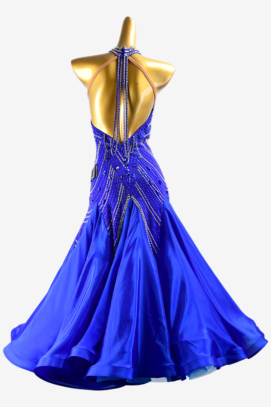 Permino international klein blue Standard dress with pearl chiffon underskirts, gold crystals & sew-on stones