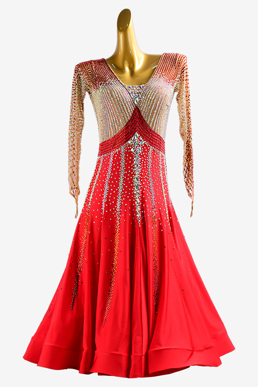 Vermilion & fleshtone Standard dress with crystal AB and red rhinestones