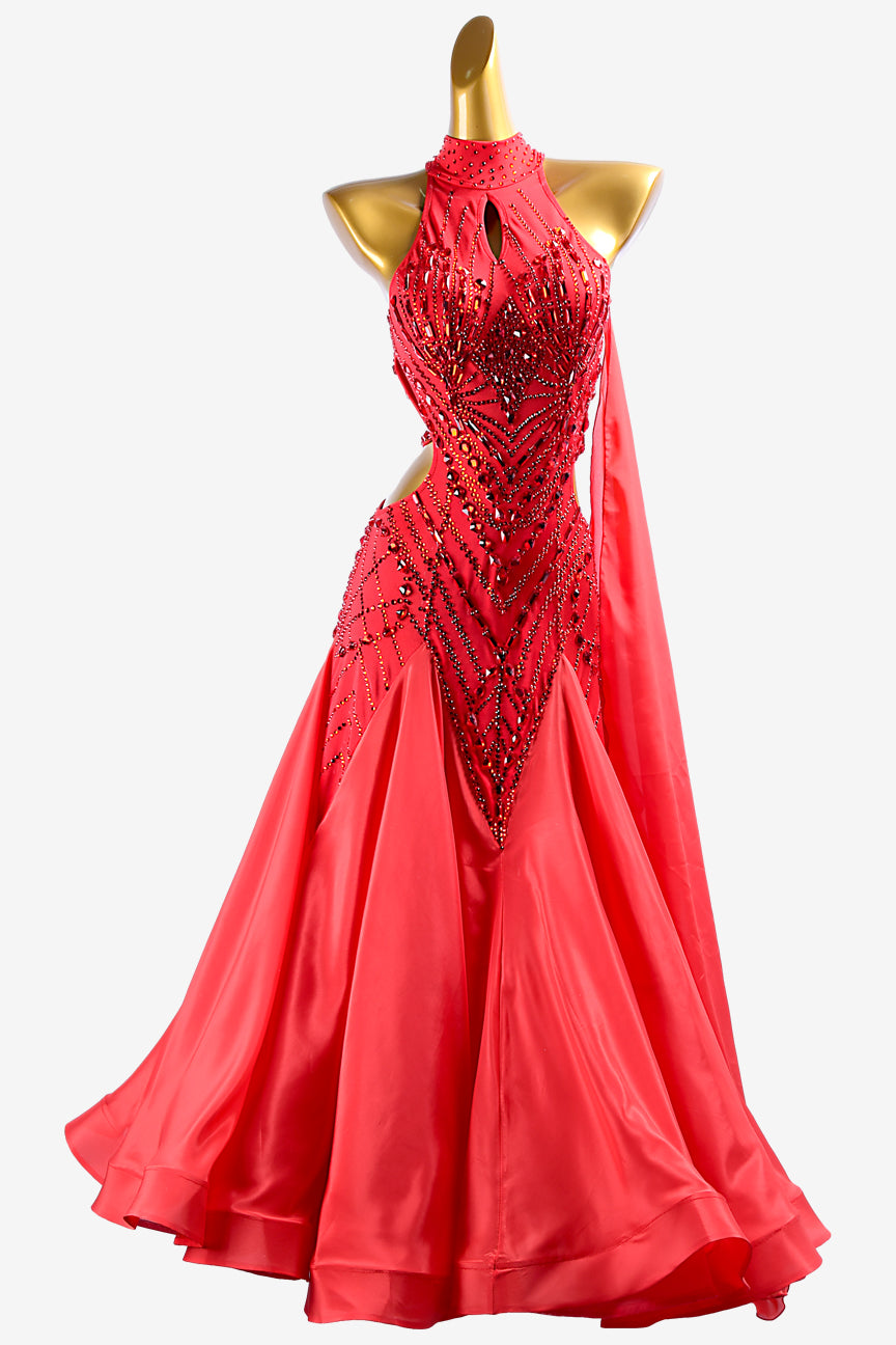 Permino china red lustre lycra Standard dress with pearl chiffon underskirt, rhinestones & sew-on stones