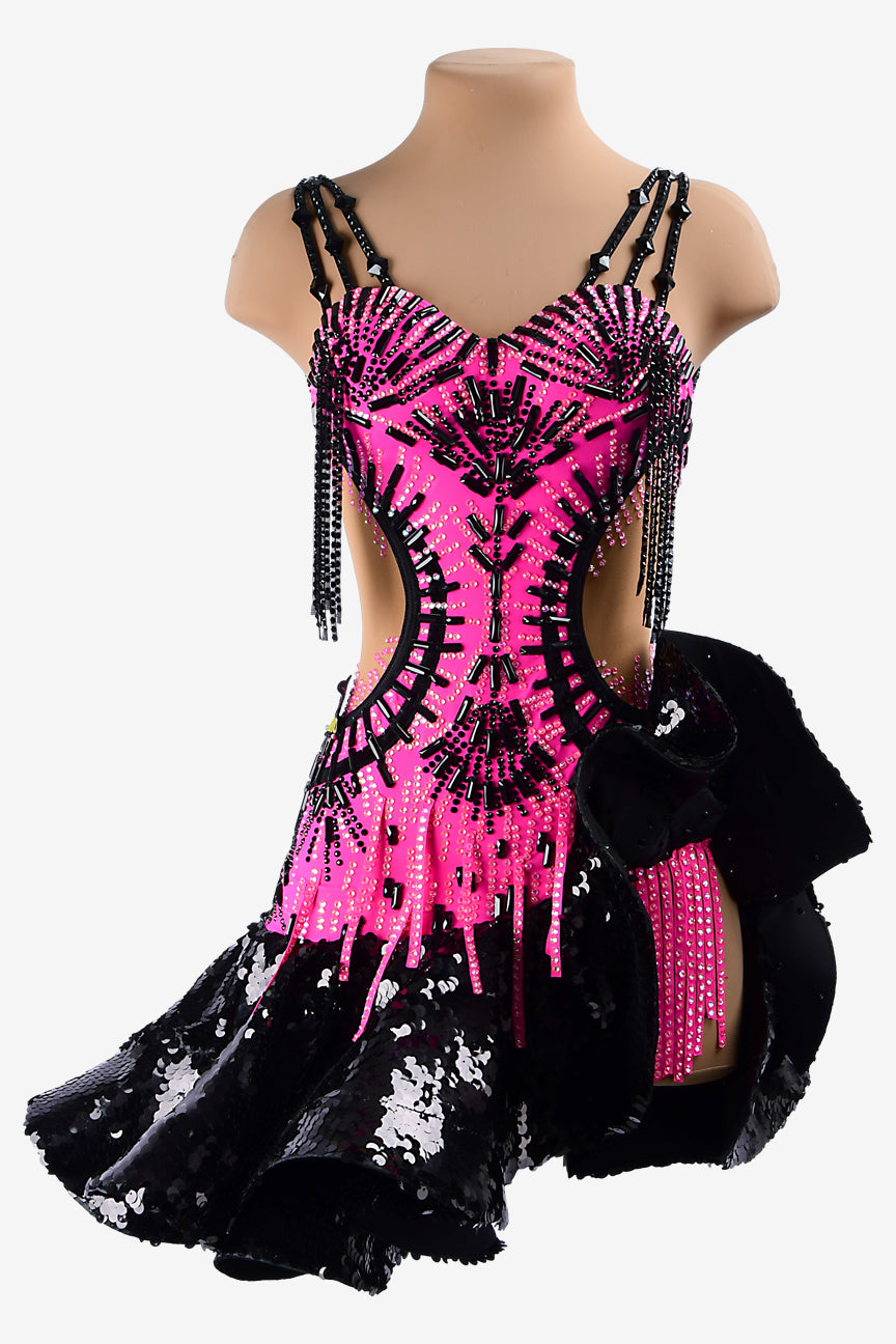 Permino magenta lycra Latin dress with  black sequin ruffle fishbone underskirt, stone fringes, rhinestone & sew-on stones