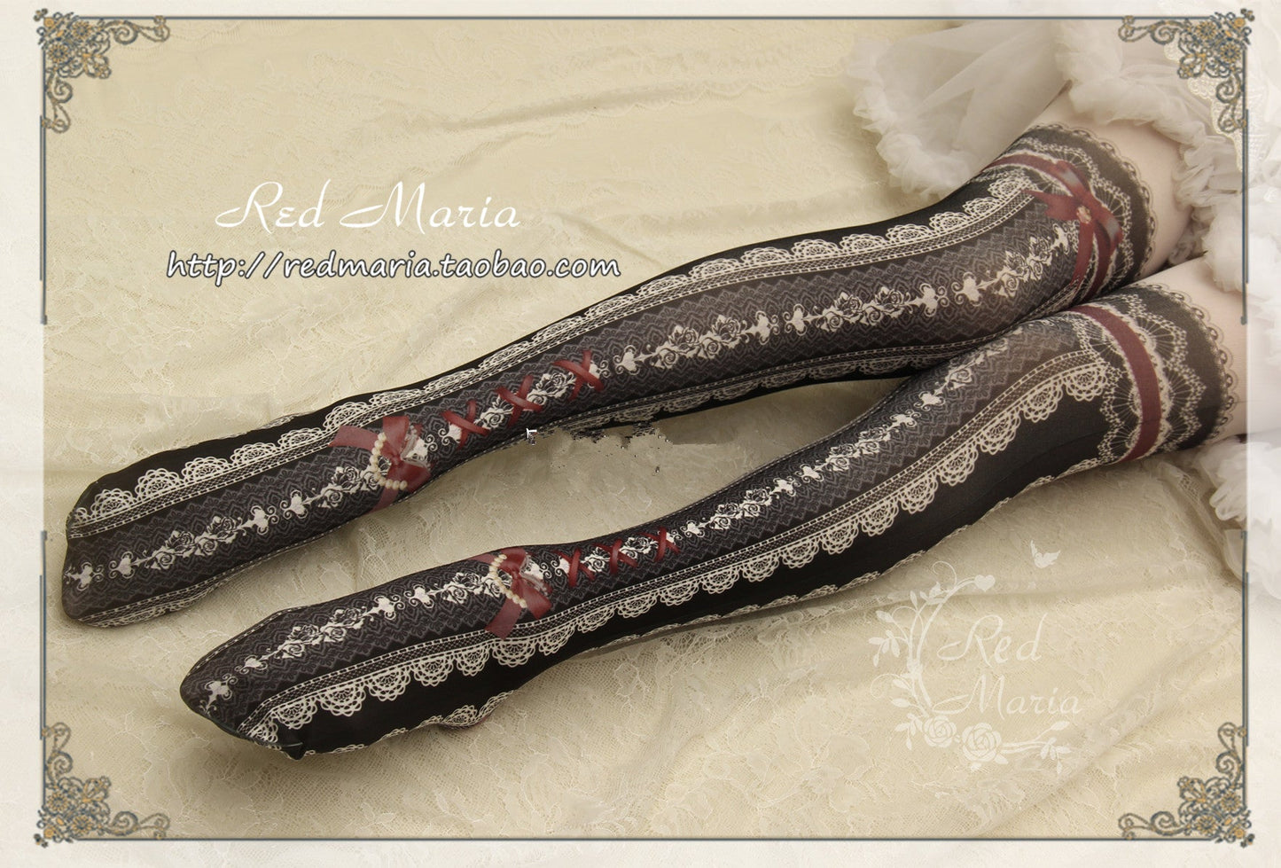Red Maria ~ Lace Printed Bow 80D Lolita Tights Multicolors