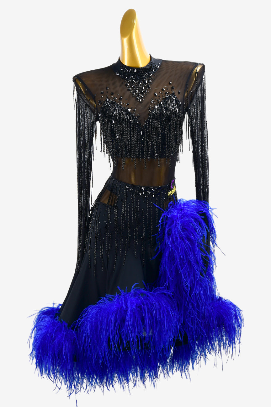 Permino black mesh Latin dress with royalblue feathers, black beaded fringes, rhinestone & sew-on stones