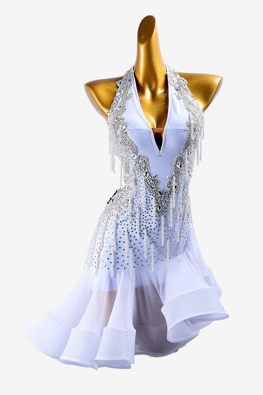 Permino white matt lycra Latin dress with mesh underskirt, lace appliqués, beadings, siver rhinestones & sew-on stones