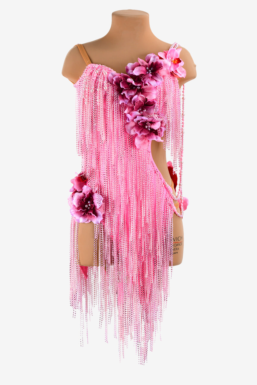 Permino pink matt lycra Latin dress with crystal fishnet fringes, rhinestone & flower appliques