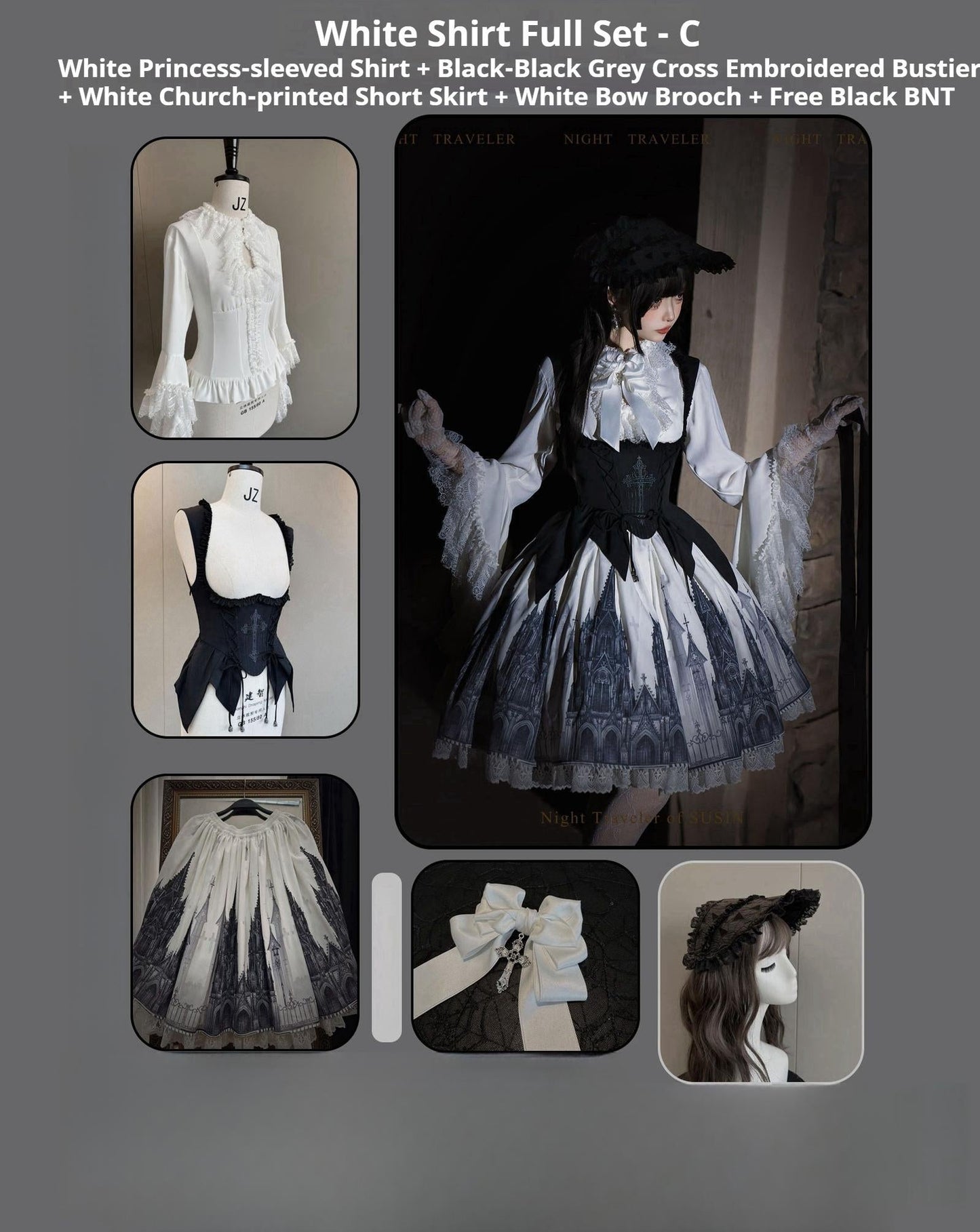 Susin Lolita~Night Traveler~Gothic Lolita Skirt Outfit Long Coat Shirt and Bustier Set