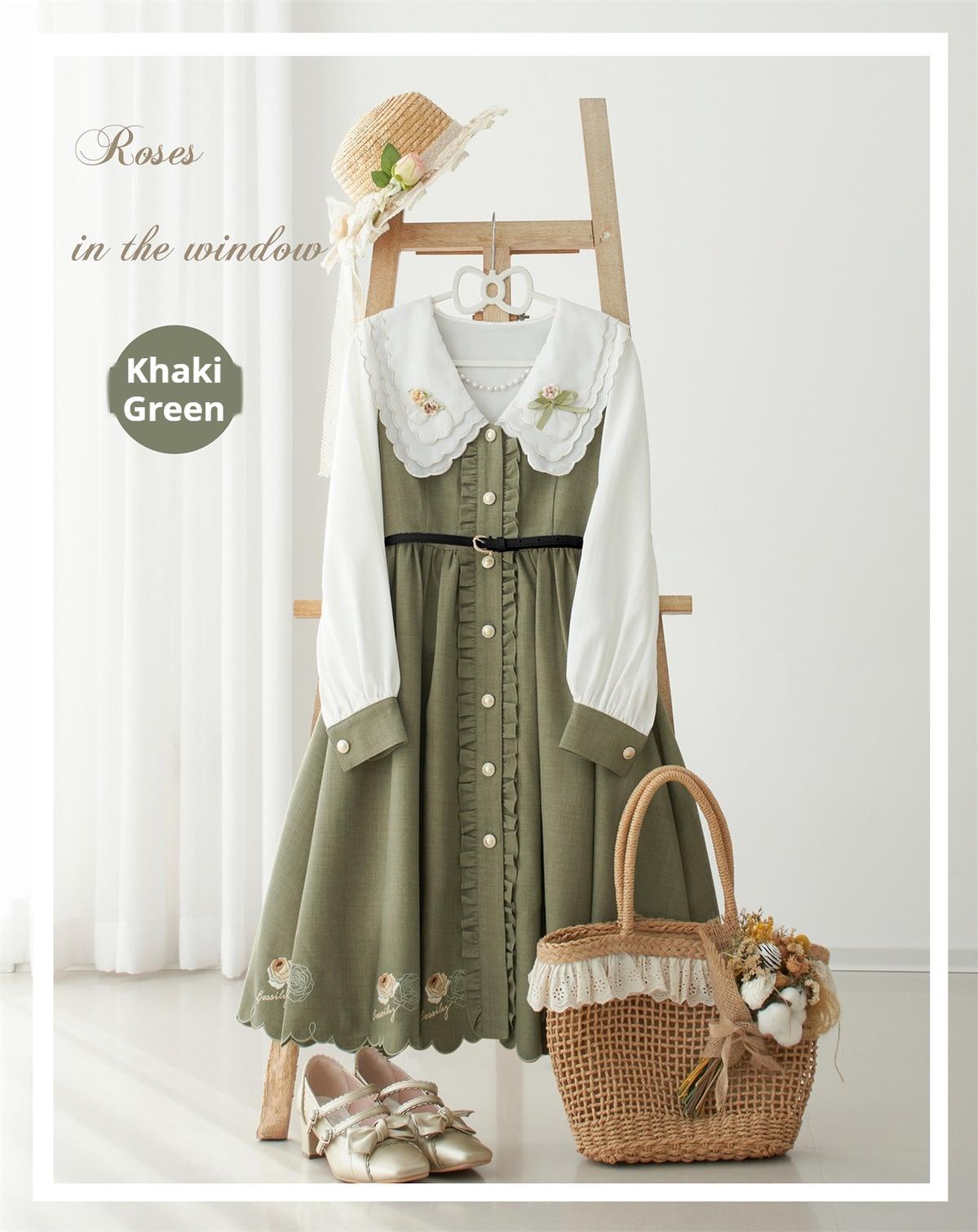 EESSILY~Window Rose~Classic Lolita OP Front Buttoned Embroidery Lolita Dress