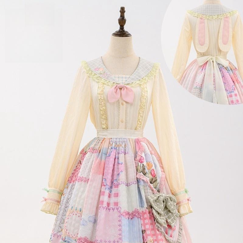 Mewroco~Country Patchwork~Sweet Lolita Dress Set Print OP SK Shirt and Camisole