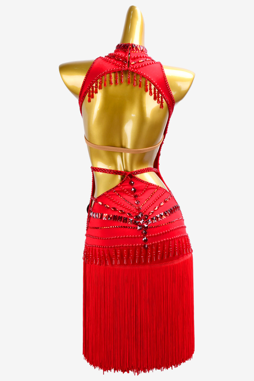 Permino china red matt lycra Latin dress with fringes, beadings, rhinestone & sew-on stones