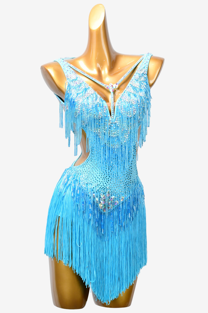 Permino sky blue matt lycra Latin dress with fringes, AB stones,beaded fringe & sew-on stones