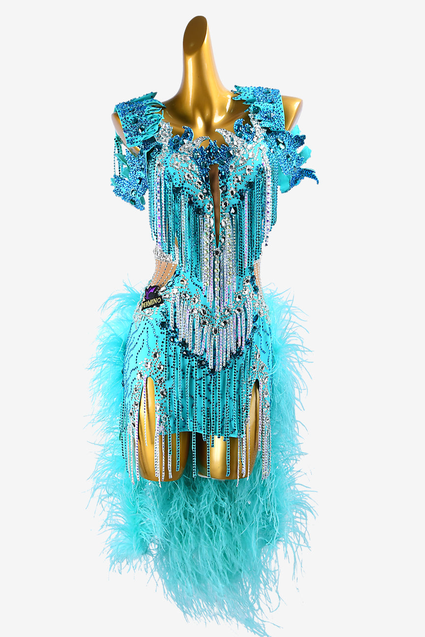 Permino sky blue lycra and fleshtone mesh Latin dress with crystal AB, rhinestone appliqués , feathers & stone fringes