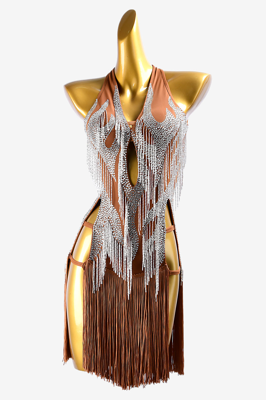 Permino fleshtone matt lycra Latin dress with silver beaded fringe, silver crystal & brown fringe