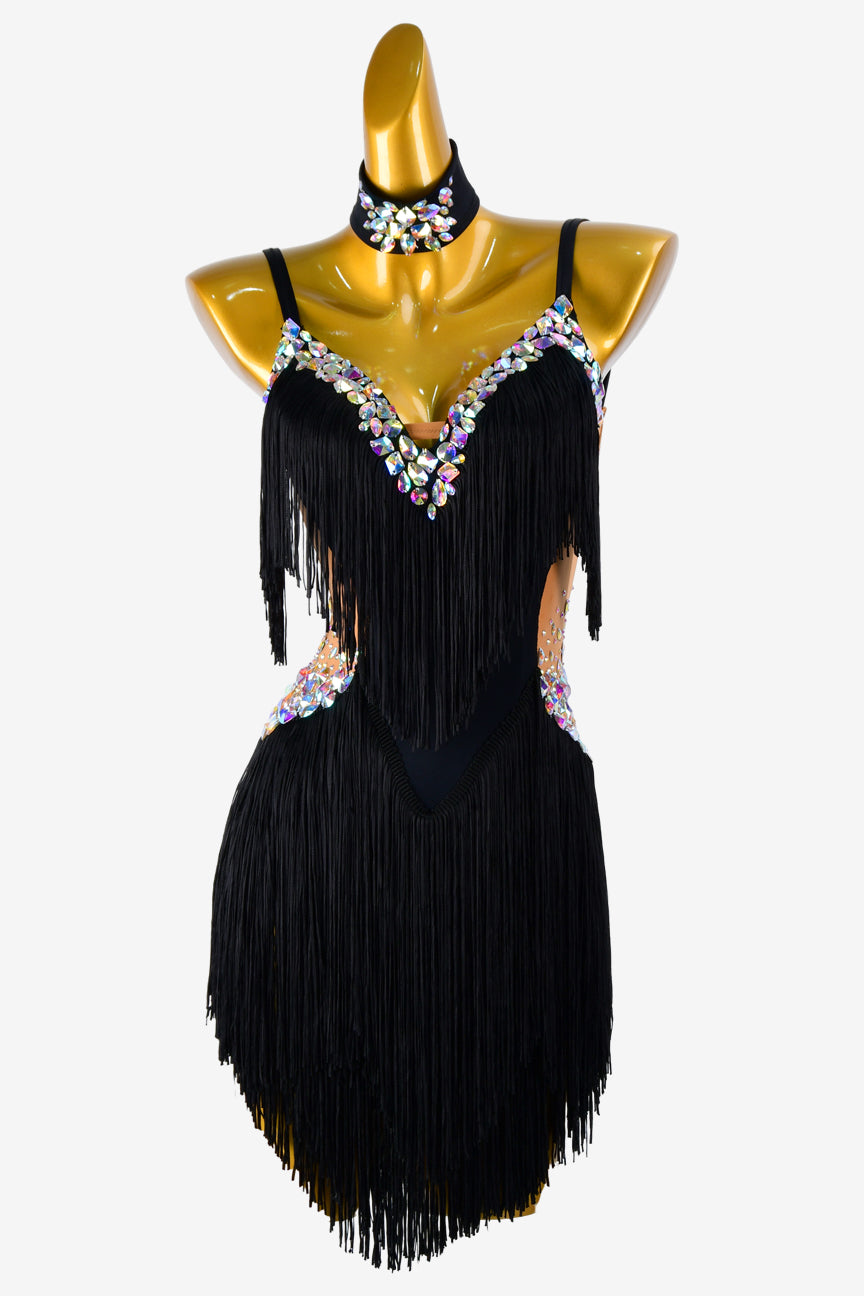 Permino fleshtone & black matt lycra Latin dress with AB colorful stones and fringes