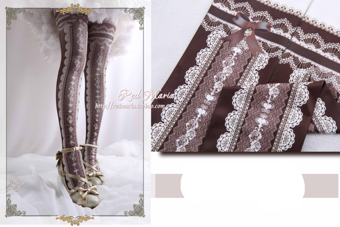 Red Maria ~ Lace Printed Bow 80D Lolita Tights Multicolors