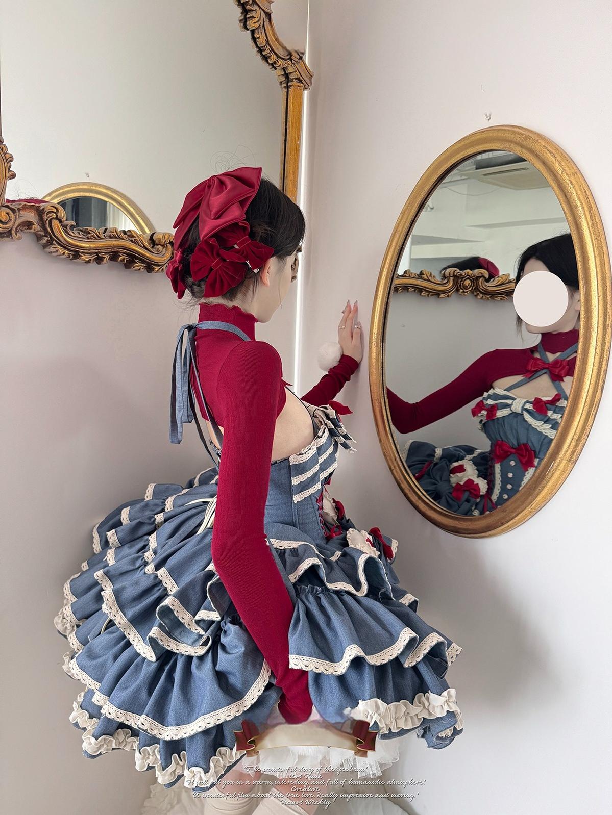 POSHEPOSE~First Cherry Rabbit~Sweet Lolita Dress Halter Neck Jumper Dress and Cardigan