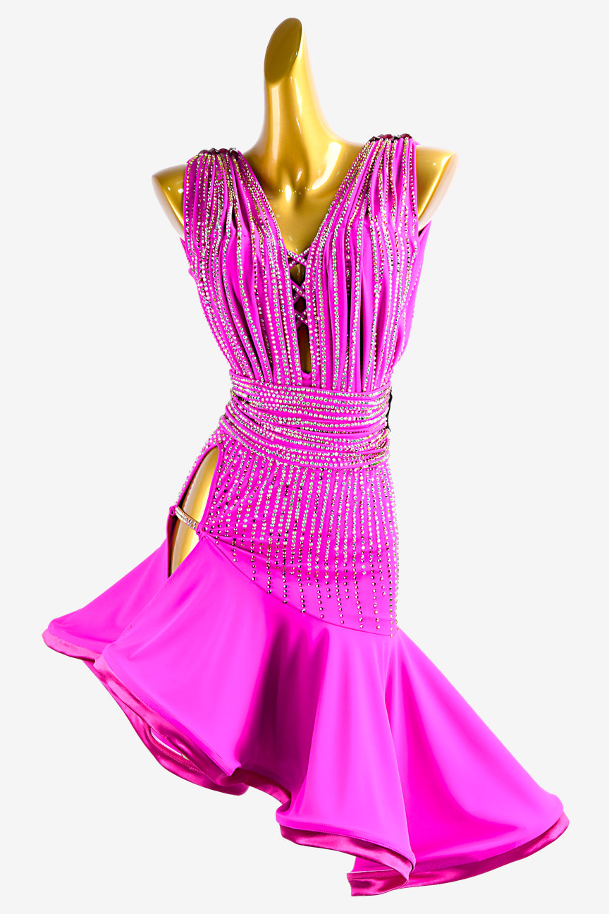 Light pink Latin dress with white rhinestones and beaded fringes